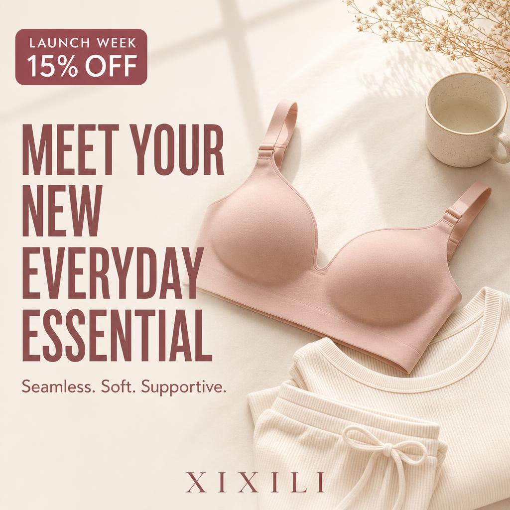 Meta feed ad: blush seamless bra flat lay with headline "Meet your new everyday essential" and a launch week 15% off badge