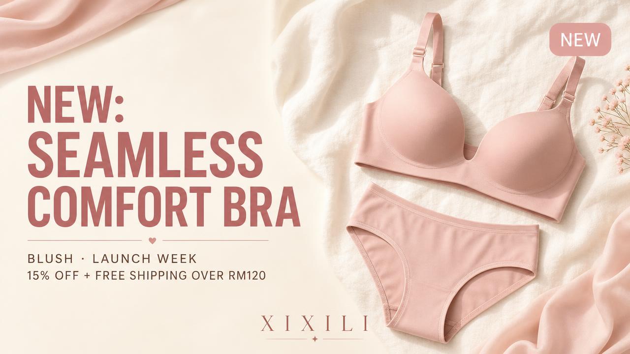Shopee banner: blush bra and brief on ivory linen with headline "New: Seamless Comfort Bra" and free shipping over RM120