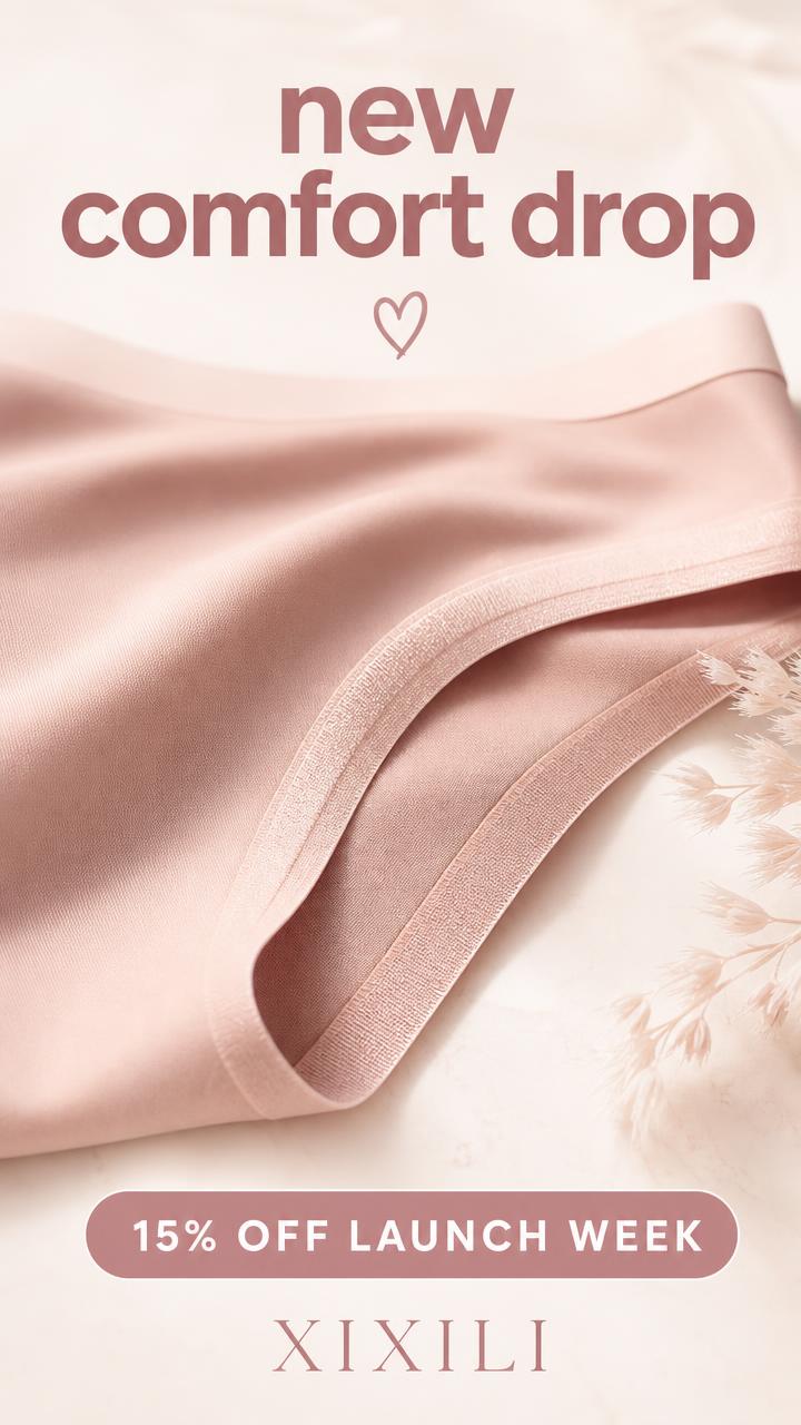 TikTok short end frame: close-up of blush seamless fabric with headline "new comfort drop" and a 15% off launch week chip
