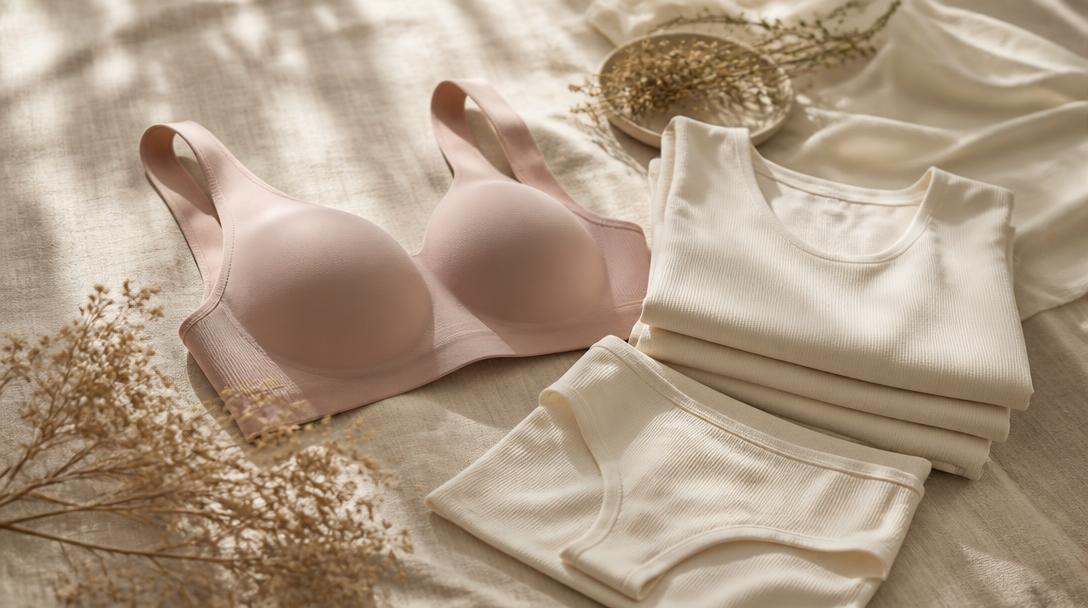On-brand flat lay of a blush bra and folded ivory garments in soft natural window light