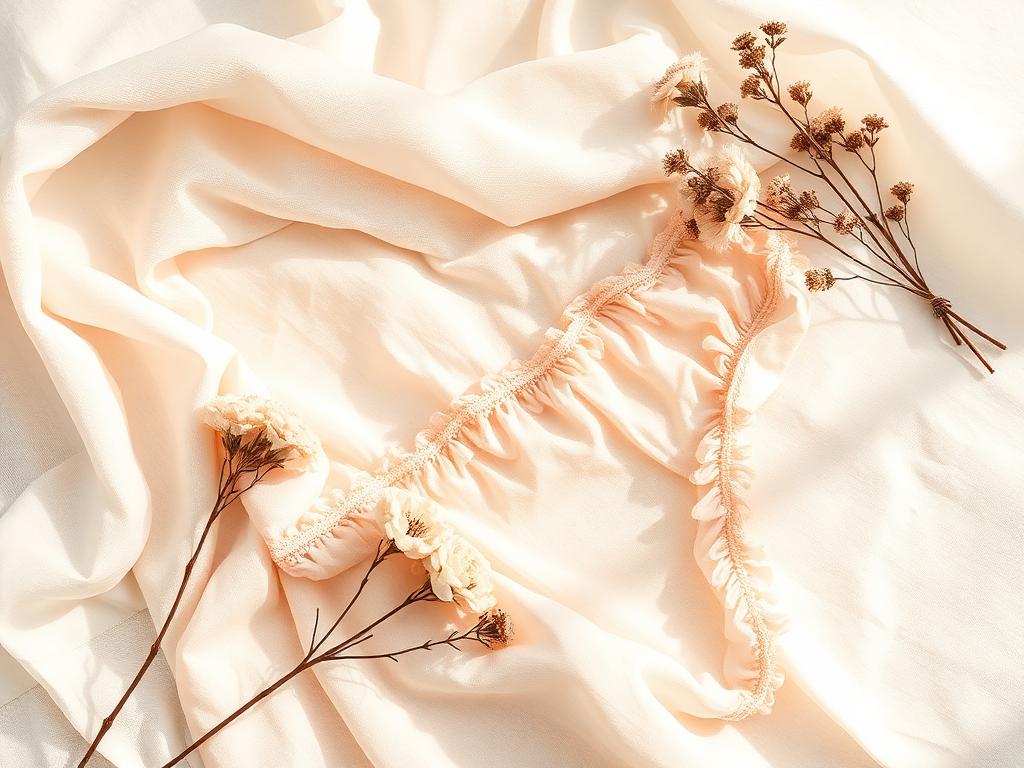 Warm ivory and blush linen textures with dried flowers in soft morning light