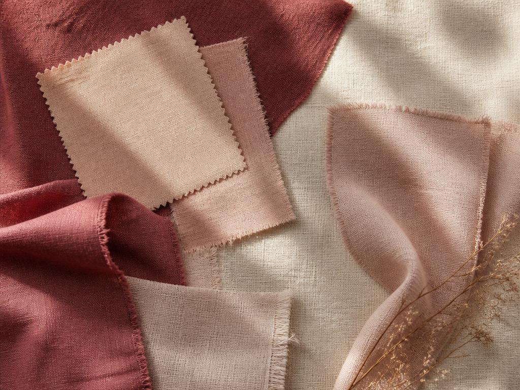 Deep rose and soft nude fabric swatches layered on warm ivory linen