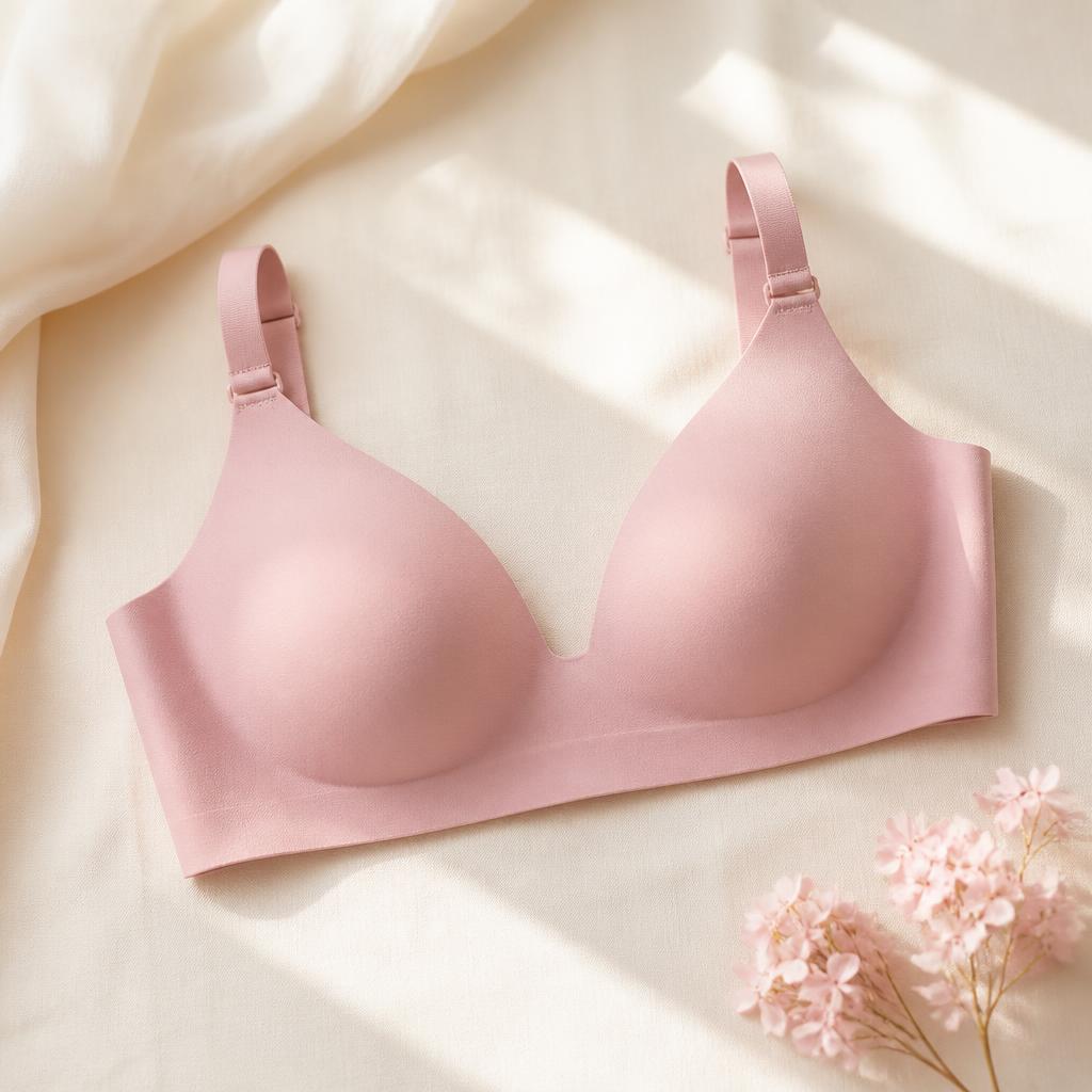 Blush seamless wireless comfort bra photographed flat in soft natural light