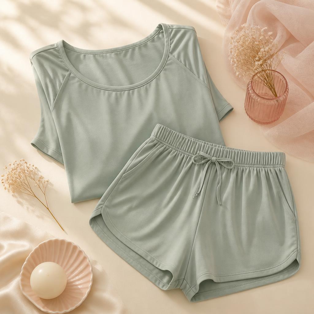 Sage green modal pyjama sleep set folded flat on a warm ivory background
