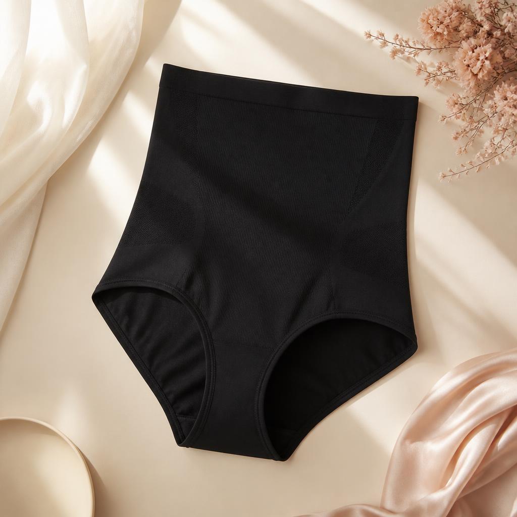 Black high-waist smoothing shaping brief laid flat on a warm ivory background