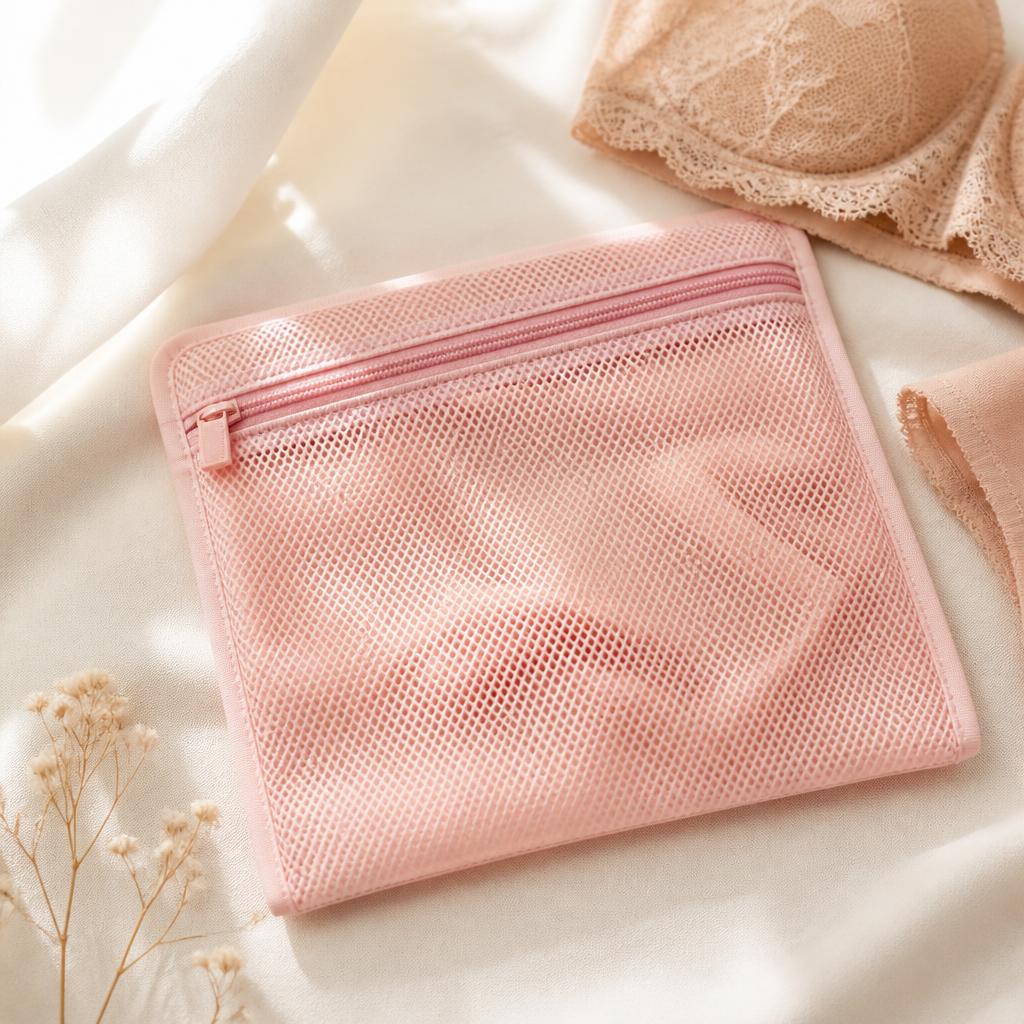 Blush pink mesh lingerie wash bag with a zip, laid flat on ivory silk